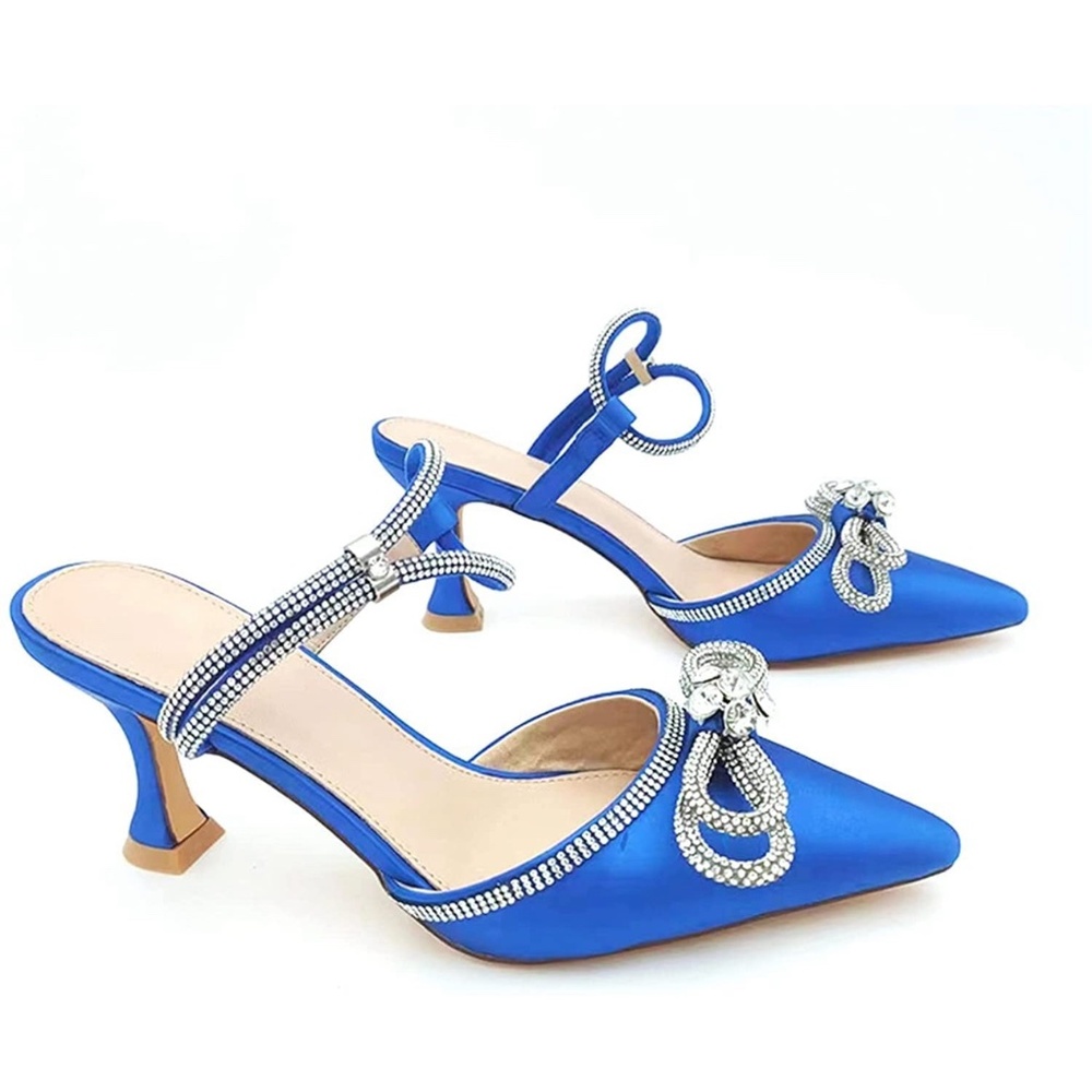 Women's Rhinestone Bow Sling Back Pointed Toe Mid Kitten Heel  Shoes - Picture 2 of 3